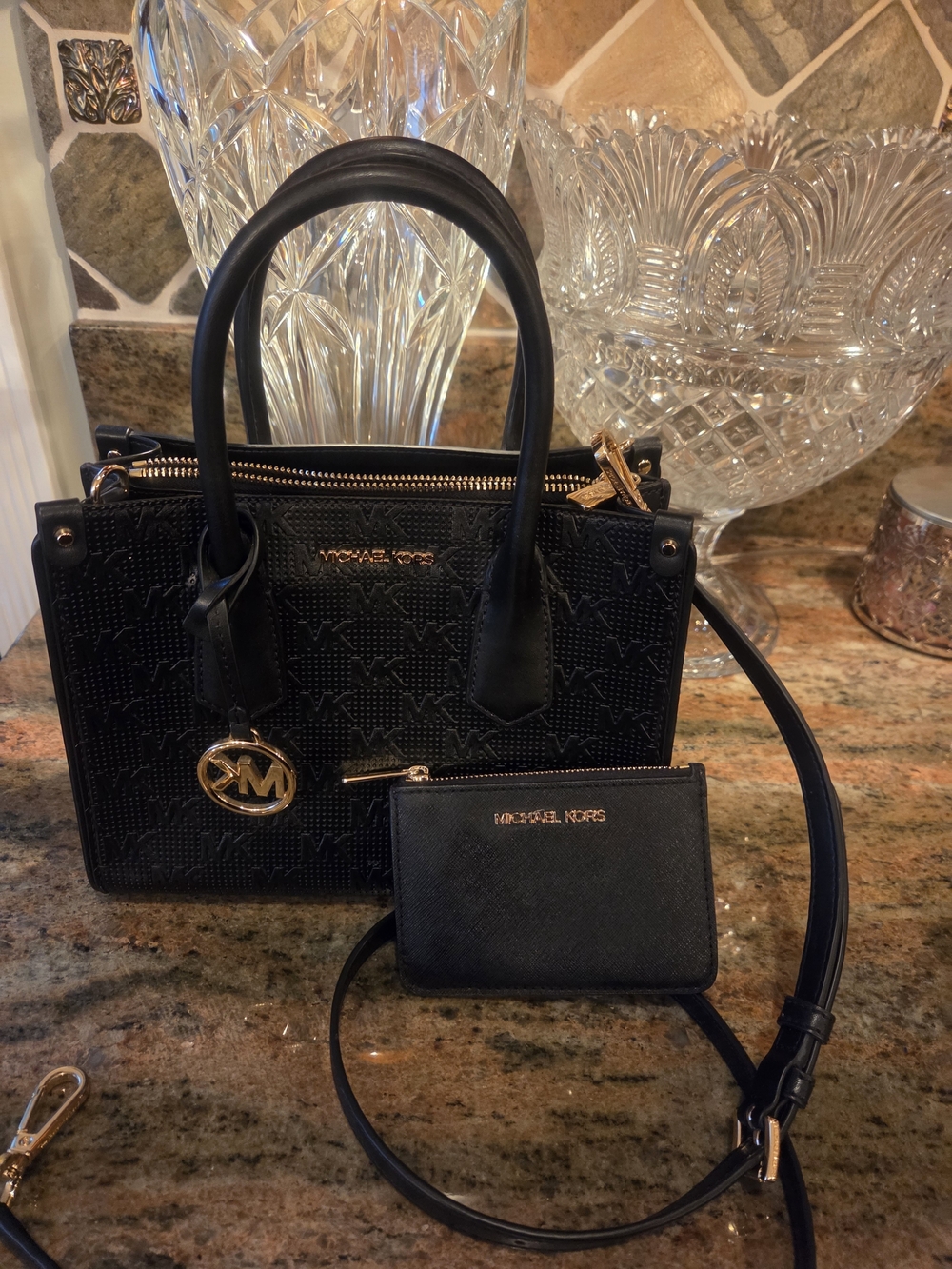 Michael Kors Black Embossed Leather Satchel with Card Case